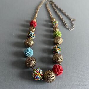 Graziano necklace bauble mixed media beaded brass link rainbow multicolor granny